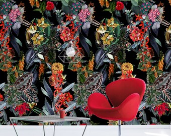Tapete mit Wildblumen, schälen und aufkleben, Wandbild mit gemalten Blumen auf dunklem Hintergrund, abnehmbare Tapete, Wohndekor