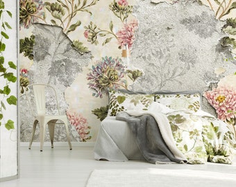 Floral concrete wall mural, grunge botanical wallpaper, vintage art self adhesive, peel and stick, removable or traditional, vinyl wallpaper