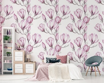 Pink magnolia wallpaper, peel and stick wall mural, floral wall decor, watercolor wall art, temporary removable wallpaper
