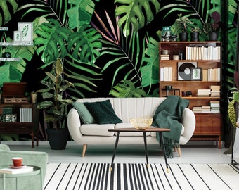 Dark jungle wallpaper,  peel and stick tropical removable wall mural, floral home decor, palm leaf art temporary wall decor