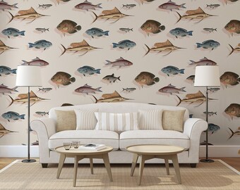 Vintage style wallpaper, fish pattern, self adhesive, peel and stick, removable or traditional, vinyl wallpaper