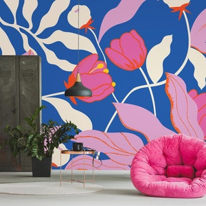Carta da parati floreale colorata con tulipani, murale astratto, autoadesiva, staccabile e attaccabile, rimovibile o tradizionale, carta da parati in vinile