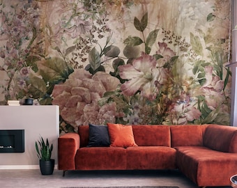Spring floral meadow wall mural, self adhesive removable wallpaper, painting, floral print, peel and stick wallpaper, wall decor
