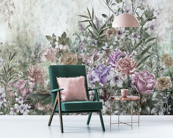 Flower meadow grunge wall mural, self adhesive removable wallpaper, painting, floral print, peel and stick wallpaper, wall decor