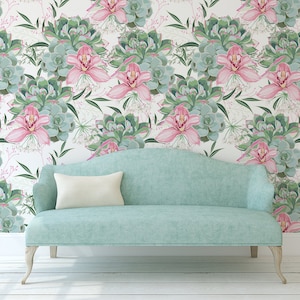 Tropical flower wallpaper, hibiscus and leaves, self adhesive, peel and stick, removable or traditional, vinyl wallpaper