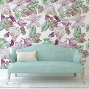 Watercolor vintage floral wallpaper, peel and stick removable wallpaper, botanical pattern, self adhesive wallpaper, wall mural, wall decor