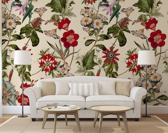 Wunderschöne Tapete, Schälen und aufkleben Wandbild mit gemalten Blumen auf hellem Hintergrund, abnehmbare Tapete, Wohndekor