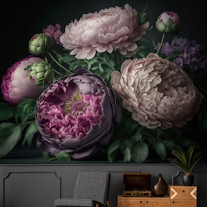 Carta da parati murale con fiori vintage scuri, carta da parati dipinta con peonie viola, autoadesiva, staccabile e attaccabile, rimovibile o tradizionale, carta da parati in vinile