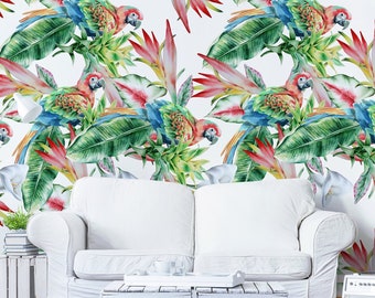 Tropical birds and flowers wallpaper, peel and stick watercolor wall mural, self adhesive, removable mural, bird wallpaper, wall decor