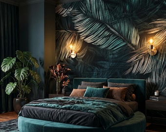 Mural de pared tropical verde oscuro, papel tapiz de hojas de palmera, decoración botánica de pared, vinilo autoadhesivo o tradicional