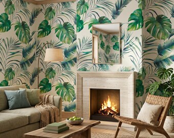 Papel pintado de hojas tropicales, estampado de acuarela sobre fondo blanco, arte de pared, decoración del hogar, autoadhesivo despegar y pegar o vinilo tradicional.