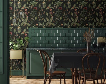 Carta da parati nera e verde, fiori e foglie su sfondo nero, autoadesiva, stacca e attacca, rimovibile o tradizionale, carta da parati in vinile