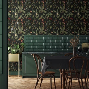 Schwarze und grüne Tapete, Blumen und Blätter auf schwarzem Hintergrund, selbstklebend, abziehen und aufkleben, ablösbar oder traditionell, Vinyltapete