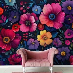 Vintage floral wallpaper, colorful wall mural, botanical decor, self adhesive, peel and stick, removable or traditional, vinyl wallpaper