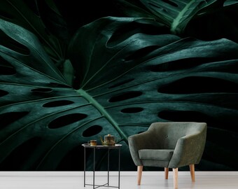 Donkergroene monsterabladmuurschildering, verwijderbaar behang met verwijderbaar behang, palmbladeren op zwarte achtergrond, bladafdruk, monsteramuurdecor