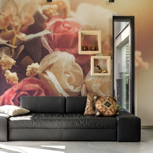 Retro style wall mural with roses flower, self adhesive removable wallpaper, floral wallpaper mural, peel and stick wallpaper, wall decor