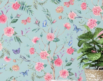 Vintage-Wandbild mit rosa Blumen, blaue Vintage-Tapete, selbstklebend, abziehen und aufkleben, abnehmbar oder traditionell, Vinyl-Tapete