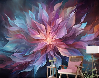 Colorful floral wallpaper, mandala modern wall mural, self adhesive, peel and stick, removable or traditional, vinyl wallpaper