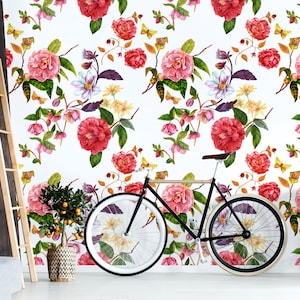 Spring flowers wallpaper, peel and stick wall mural, watercolor pattern of colorful flowers, floral wall sticker, temporary wallpaper