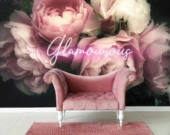 Pink rose wallpaper, peel and stick dark floral mural, wall decor with floral bouquet, temporary wallpaper, peony wall sticker