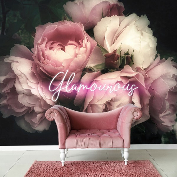 Pink rose wallpaper, peel and stick dark floral mural, wall decor with floral bouquet, temporary wallpaper, peony wall sticker