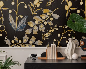 Yellow leaves on dark ground wallpaper, watercolor wallpaper, self adhesive, peel and stick, removable or traditional, vinyl wallpaper