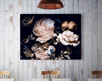 Canvas print with pink peony flowers, canvas roll for self assembly, dark floral print, canvas wall art