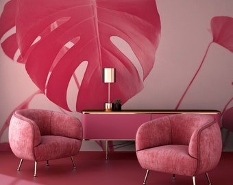 Tropical wall mural, pink magenta monstera leaf, wallpaper, self adhesive, peel and stick, removable or traditional, vinyl wallpaper