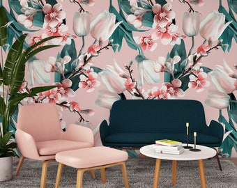 Spring flowers wallpaper, peel and stick wall mural, removable wallpaper, self adhesive wall covering, home decor