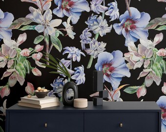Carta da parati floreale scura, fiori e foglie su sfondo nero, autoadesiva, stacca e attacca, rimovibile o tradizionale, carta da parati in vinile
