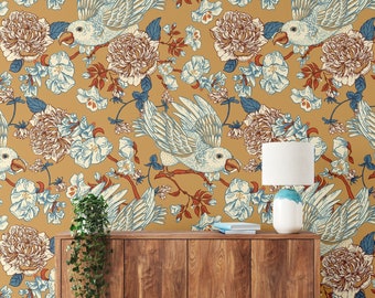 Vintage floral wallpaper, peel and stick removable wallpaper, bird wallpaper, self adhesive wallpaper, wall mural, wall decor