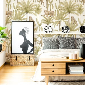 Aquarell Tapete Palmen und Affen, peel and stick botanische Wandbild, selbstklebend, abnehmbare Tapete, Wanddeko