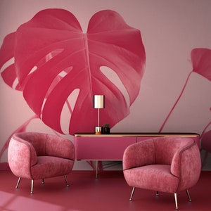 Tropisches Wandbild, rosa magentafarbenes Monsterablatt, Tapete, selbstklebend, schälen und aufkleben, abnehmbar oder traditionell, Vinyltapete