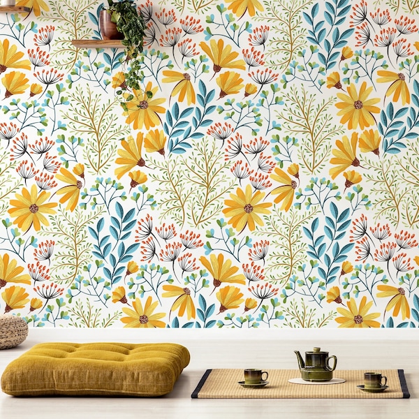 Bohemian floral wallpaper, peel and stick wall mural, self adhesive wallpaper, vintage flroal pattern, removable wallpaper