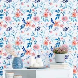 Nice pink floral wallpaper, peel and stick watercolor wallpaper, hand painted pattern, wallpaper roll, self adhesive removable wallpaper