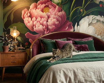 Mural de pared con flores vintage oscuras, papel tapiz con pintura de peonías, arte de pared, decoración del hogar, vinilo autoadhesivo o tradicional.