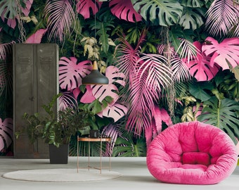 Tropisches Wandbild mit Monstera Blättern, peel and stick Tapete, selbstklebende florale abnehmbare Tapete, florales Wanddeko