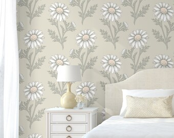 Chamomile floral wallpaper, botanical pattern wallpaper, self adhesive, peel and stick, removable or traditional, vinyl wallpaper