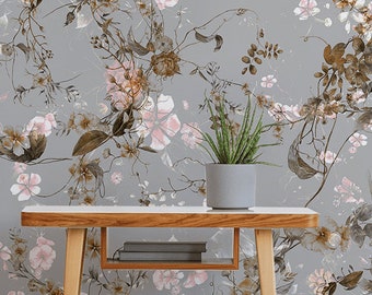 Beautiful garden wallpaper, peel and stick wall mural with painted flowers on gray background, removable wallpaper, home decor