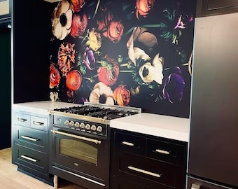 Dark floral wallpaper mural, peel and stick wall mural, floral wall print, temporary removable wallpaper, home decor