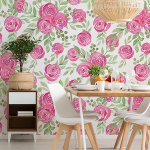 Watercolor pink roses wallpaper, floral art, botanical wall mural, self adhesive, peel and stick, removable or traditional, vinyl wallpaper