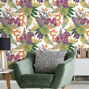 Tropical floral wallpaper, self adhesive wallpaper, watercolor flowers and leaves, peel and stick wallpaper, removable wallpaper, wall mural