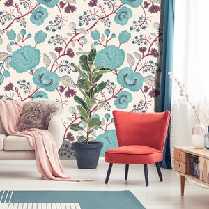 Pastel floral wallpaper, self adhesive wallpaper, botanical pattern, temporary peel and stick wallpaper, removable wallpaper