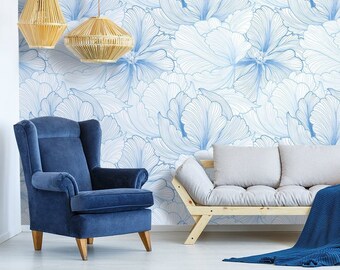 Blue flowers wallpaper, peel and stick wall mural, removable floral wallpaper, peony print, wall decal, nursery decal, wedding wall decor #