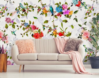 Spring garden wallpaper, peel and stick wall mural, removable temporary wallpaper, floral wall decor, home decor