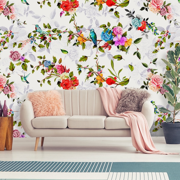 Spring garden wallpaper, peel and stick wall mural, removable temporary wallpaper, floral wall decor, home decor