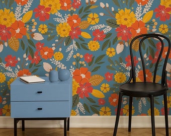 Boho floral wallpaper, colorful vintage botanical print, self adhesive, peel and stick, removable or traditional, vinyl wallpaper
