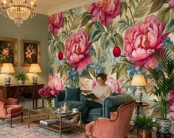 Rosa Pfingstrose botanische Tapete, florales Wandbild, Wandkunst, Wohnkultur, selbstklebende Schale und Stick oder traditionelles Vinyl