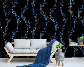 Papel tapiz temporal de acuarela con brotes azules en una rama, mural de papel tapiz despegable y adhesivo, decoración floral para el hogar, calcomanía de pared removible