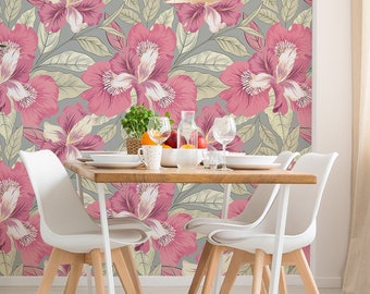 Beautiful pink flowers wallpaper, peel and stick wallpaper mural, floral home decor, removable temporary wallpaper, wall decor